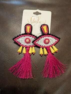 Fuchsia Beaded Eye Tassel Statement Earrings